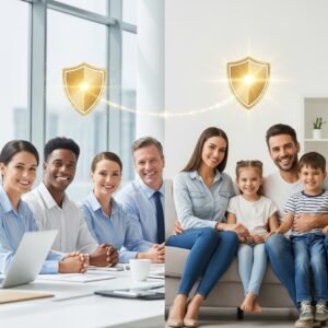 Imagen que muestra cómo los seguros de vida con ahorro protegen dos mundos: el empresarial y el personal.
