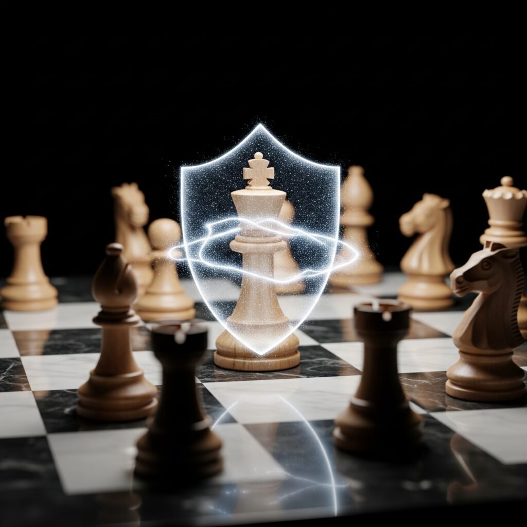 Un tablero de ajedrez donde la pieza del rey está protegida por un escudo, ilustrando los 3 riesgos que cubre un seguro de hombre clave.