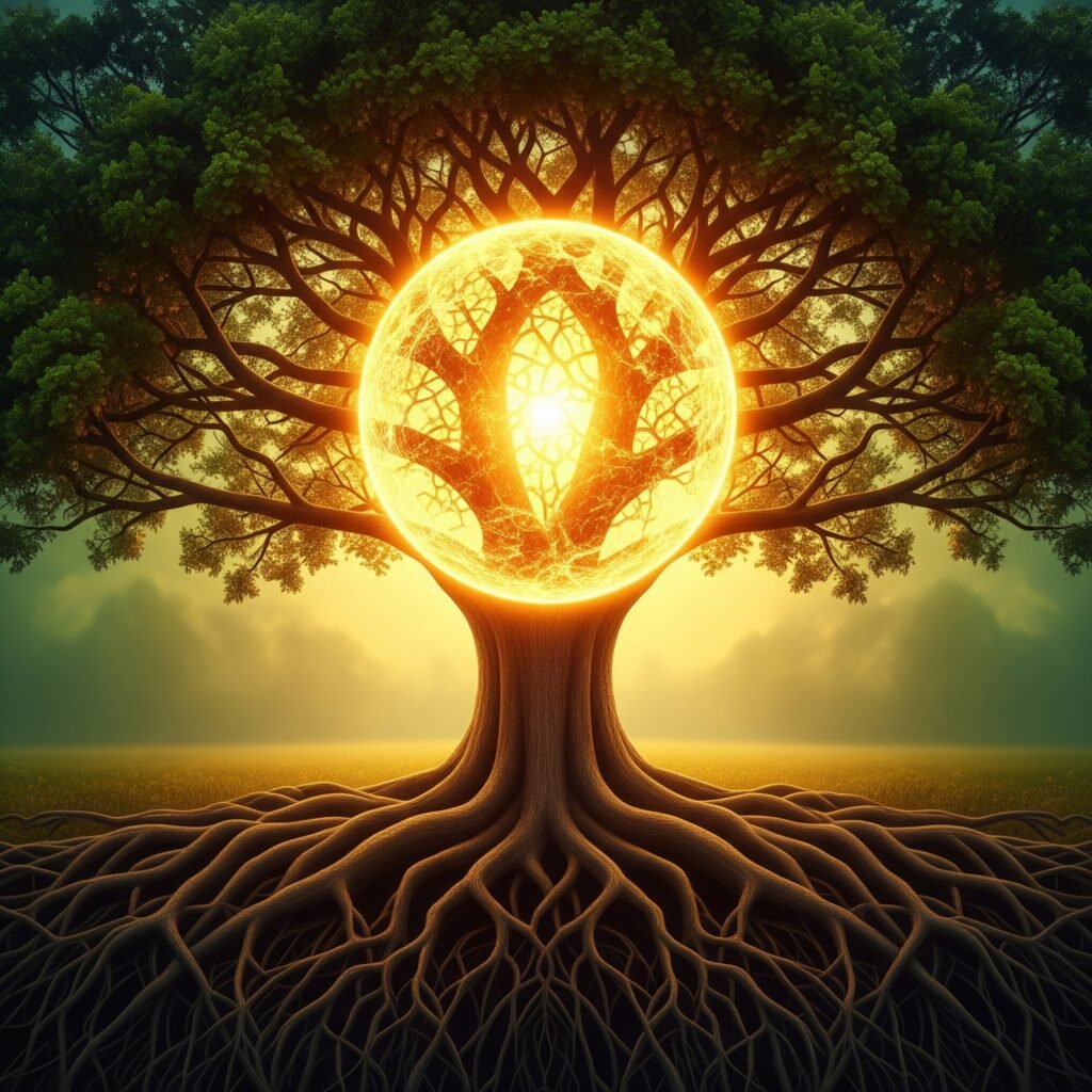 Un árbol robusto protegiendo una esfera de luz, simbolizando cómo un seguro de vida patrimonial protege y hace crecer el legado familiar.