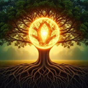 Un árbol robusto protegiendo una esfera de luz, simbolizando cómo un seguro de vida patrimonial protege y hace crecer el legado familiar.
