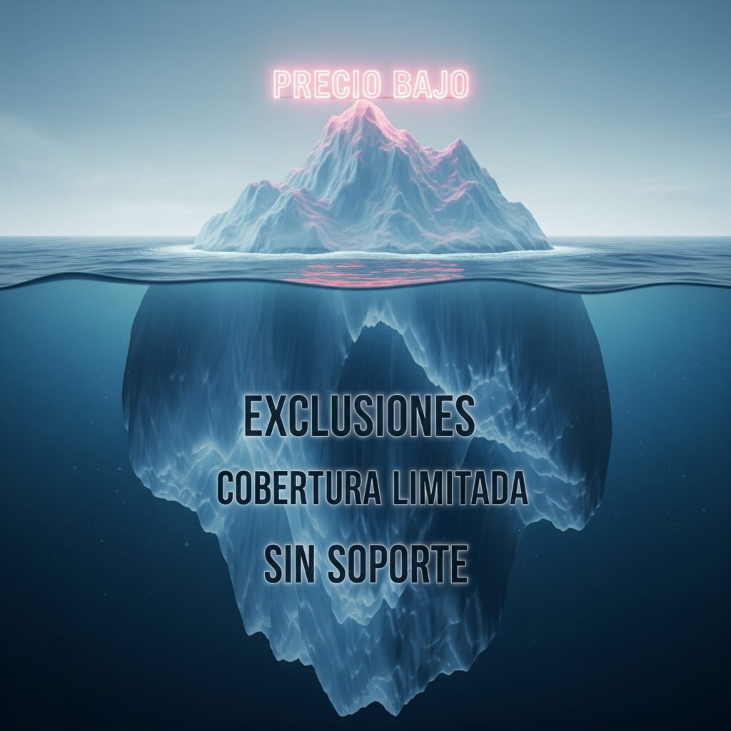 Un iceberg que ilustra el peligro oculto del seguro más barato, mostrando que el bajo precio es solo la punta del problema real.