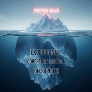 Un iceberg que ilustra el peligro oculto del seguro más barato, mostrando que el bajo precio es solo la punta del problema real.